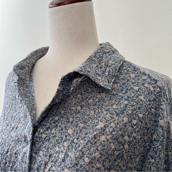 1X Frye And Co Botanical Print Collared Button Down Pleated Flowy Blouse Top - Picture 2 of 15